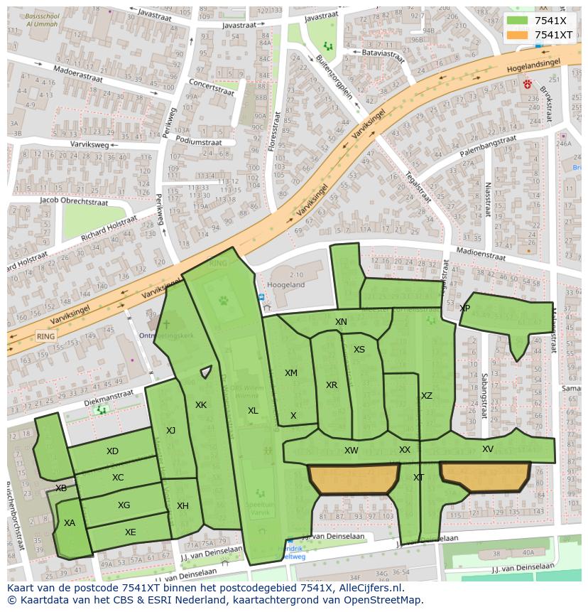 Afbeelding van het postcodegebied 7541 XT op de kaart.