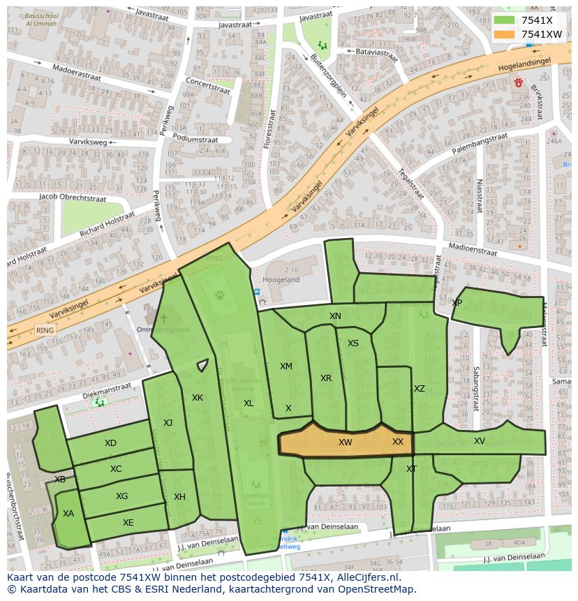 Afbeelding van het postcodegebied 7541 XW op de kaart.