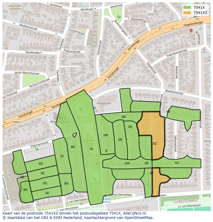 Afbeelding van het postcodegebied 7541 XZ op de kaart.