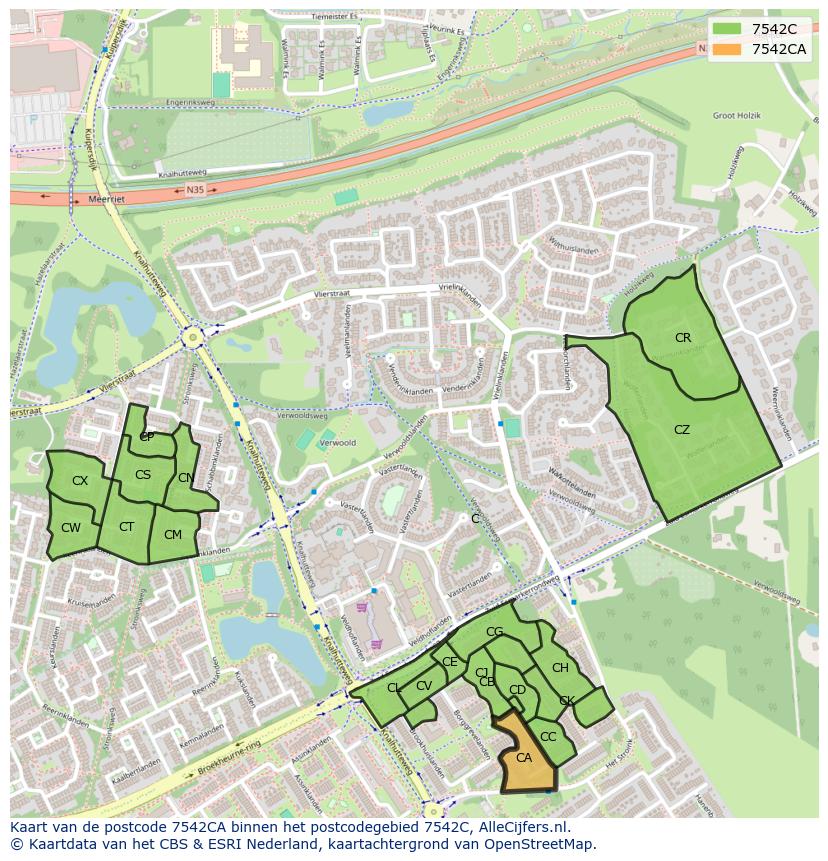Afbeelding van het postcodegebied 7542 CA op de kaart.
