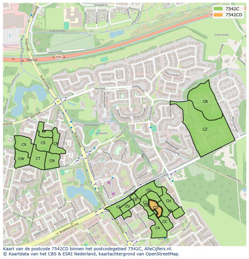Afbeelding van het postcodegebied 7542 CD op de kaart.