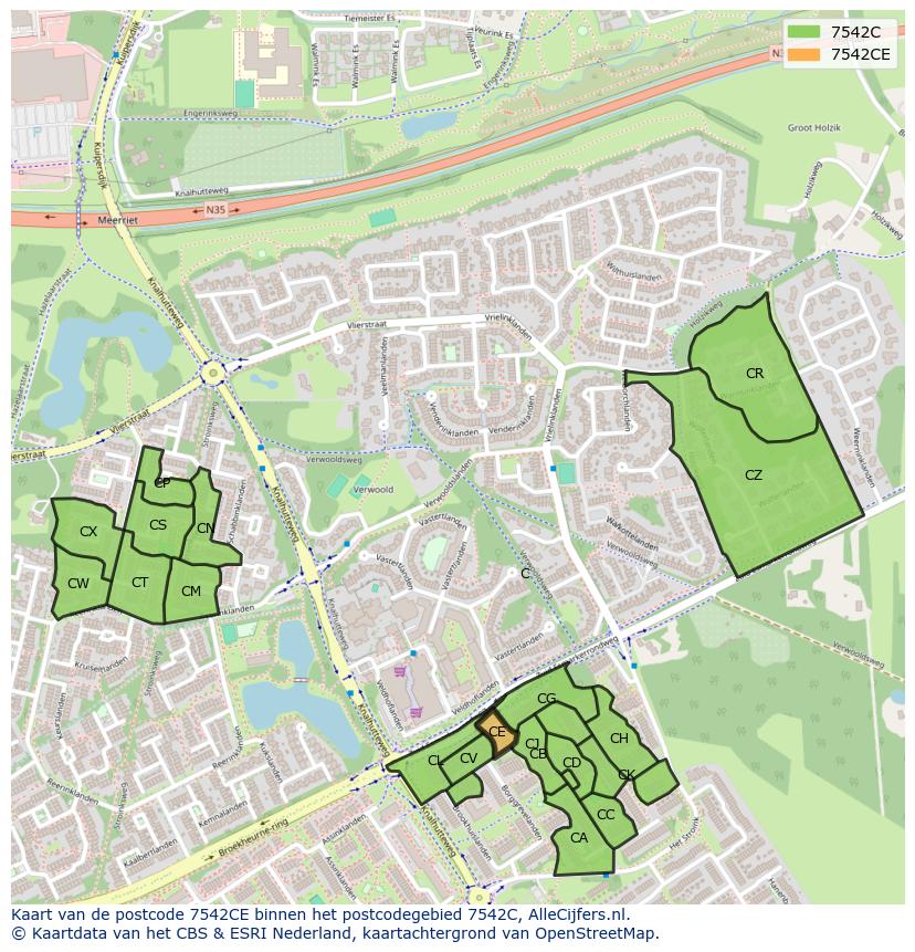 Afbeelding van het postcodegebied 7542 CE op de kaart.