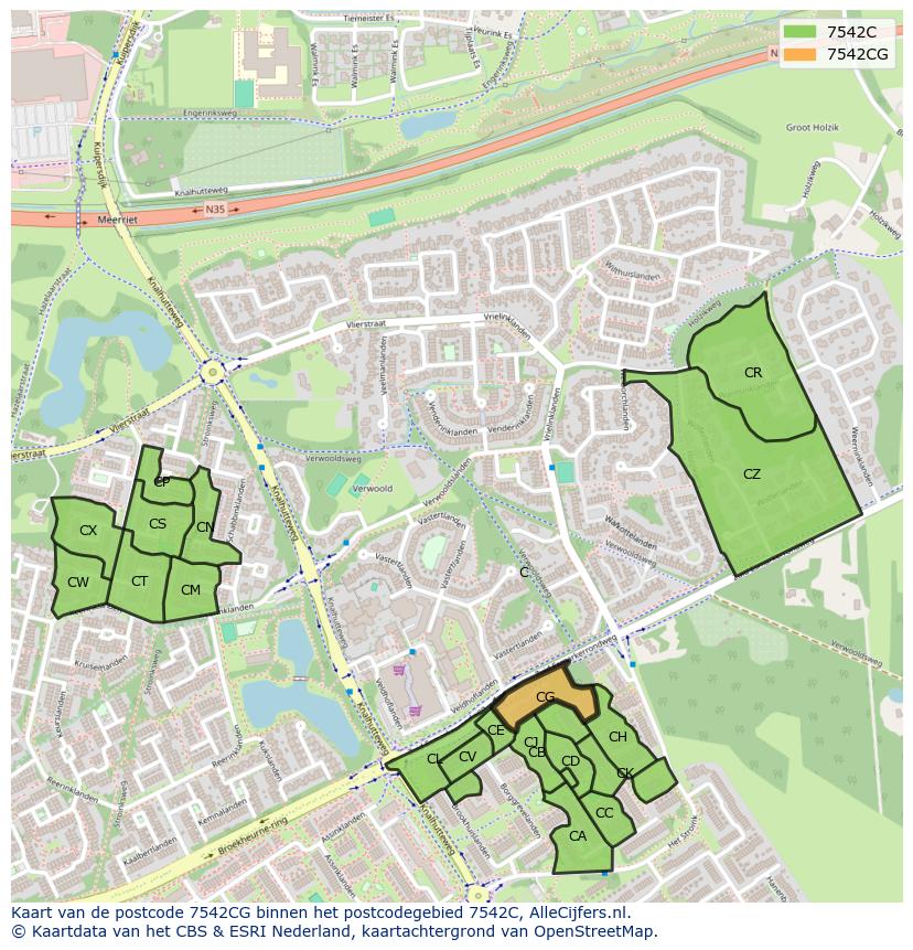 Afbeelding van het postcodegebied 7542 CG op de kaart.