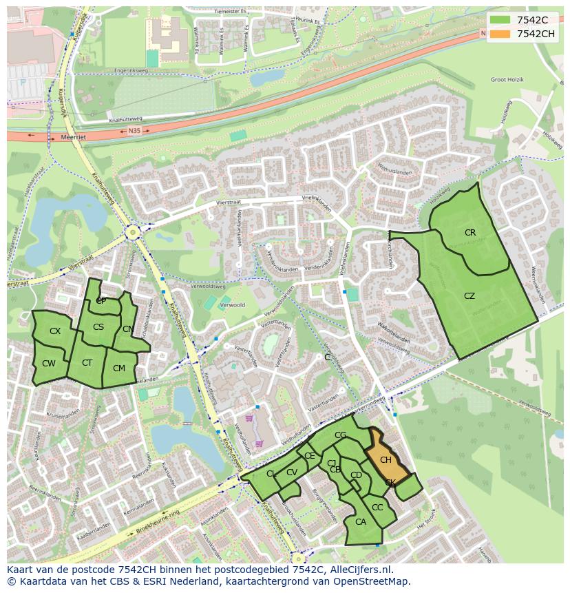 Afbeelding van het postcodegebied 7542 CH op de kaart.