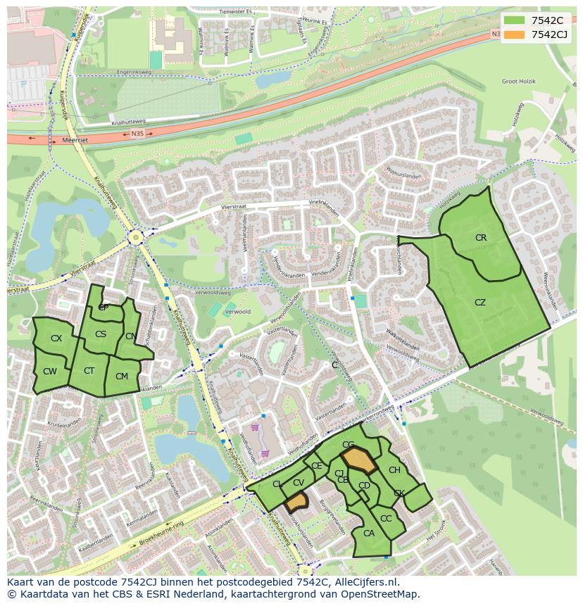 Afbeelding van het postcodegebied 7542 CJ op de kaart.
