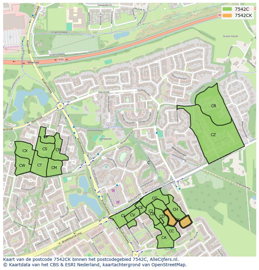 Afbeelding van het postcodegebied 7542 CK op de kaart.