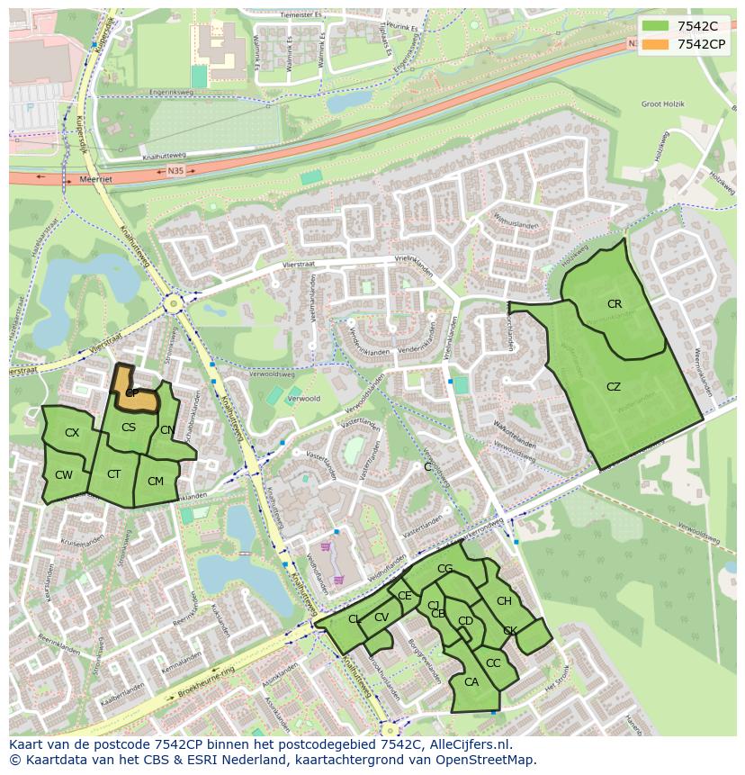 Afbeelding van het postcodegebied 7542 CP op de kaart.
