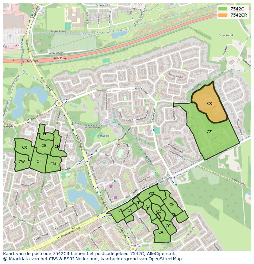 Afbeelding van het postcodegebied 7542 CR op de kaart.