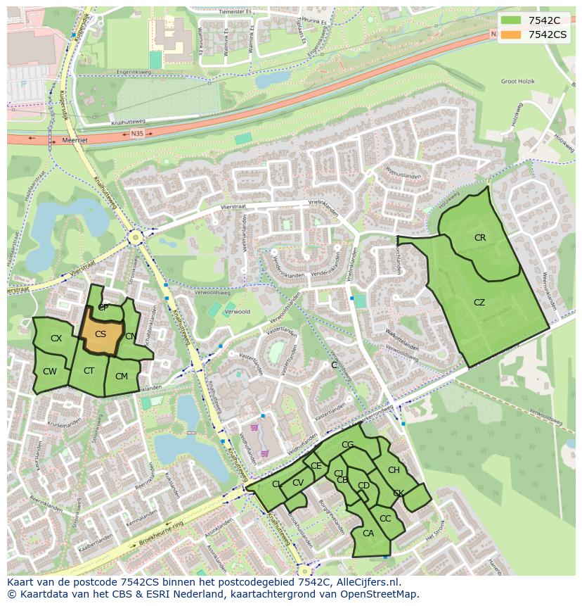 Afbeelding van het postcodegebied 7542 CS op de kaart.