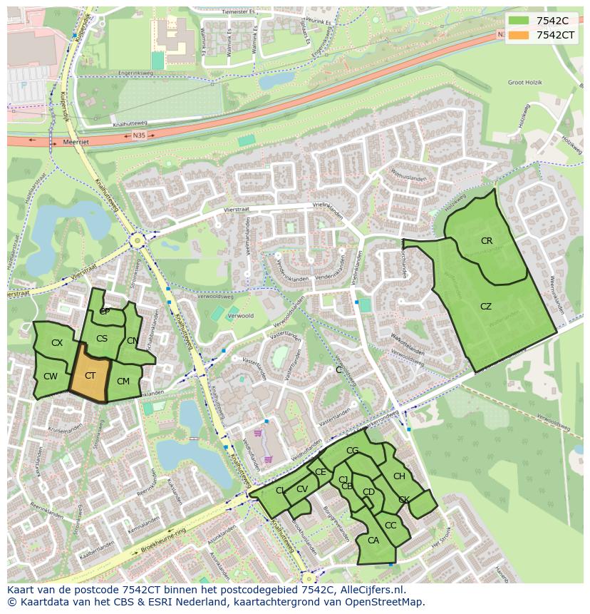 Afbeelding van het postcodegebied 7542 CT op de kaart.