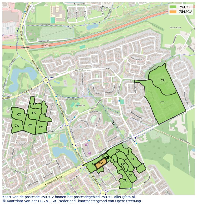 Afbeelding van het postcodegebied 7542 CV op de kaart.