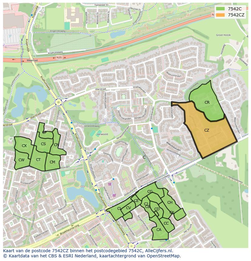 Afbeelding van het postcodegebied 7542 CZ op de kaart.