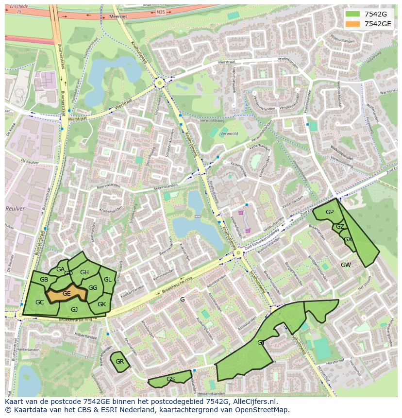 Afbeelding van het postcodegebied 7542 GE op de kaart.