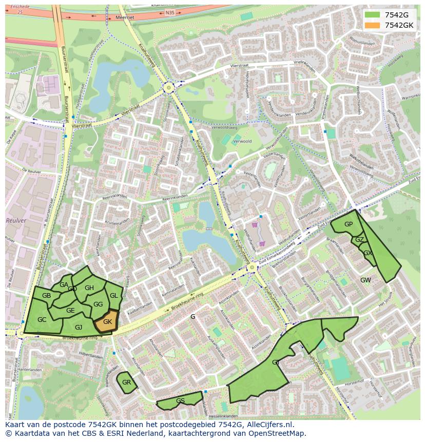 Afbeelding van het postcodegebied 7542 GK op de kaart.