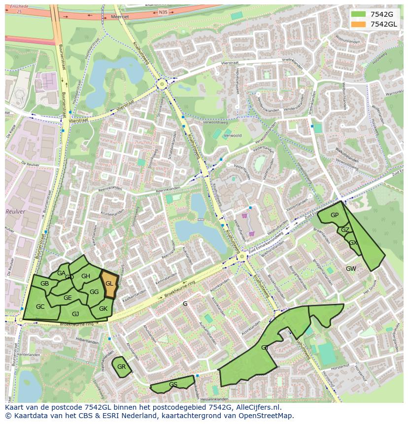 Afbeelding van het postcodegebied 7542 GL op de kaart.