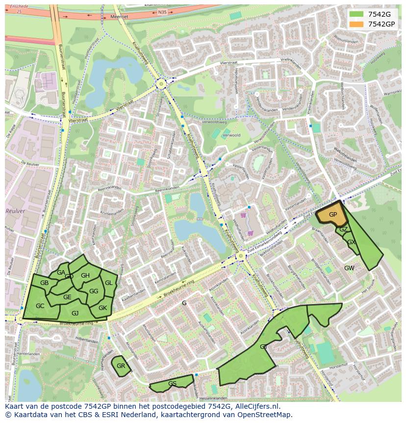 Afbeelding van het postcodegebied 7542 GP op de kaart.