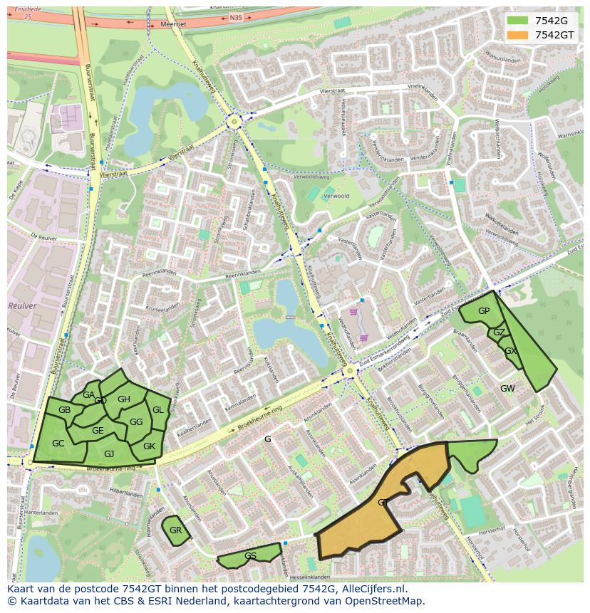 Afbeelding van het postcodegebied 7542 GT op de kaart.