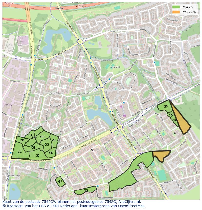 Afbeelding van het postcodegebied 7542 GW op de kaart.