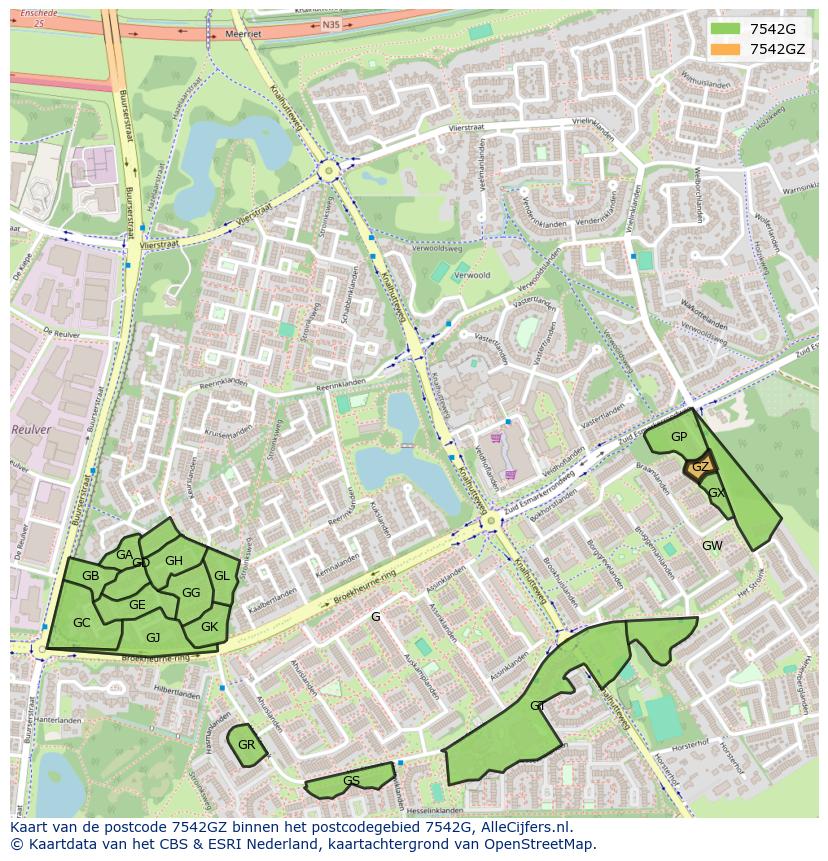 Afbeelding van het postcodegebied 7542 GZ op de kaart.