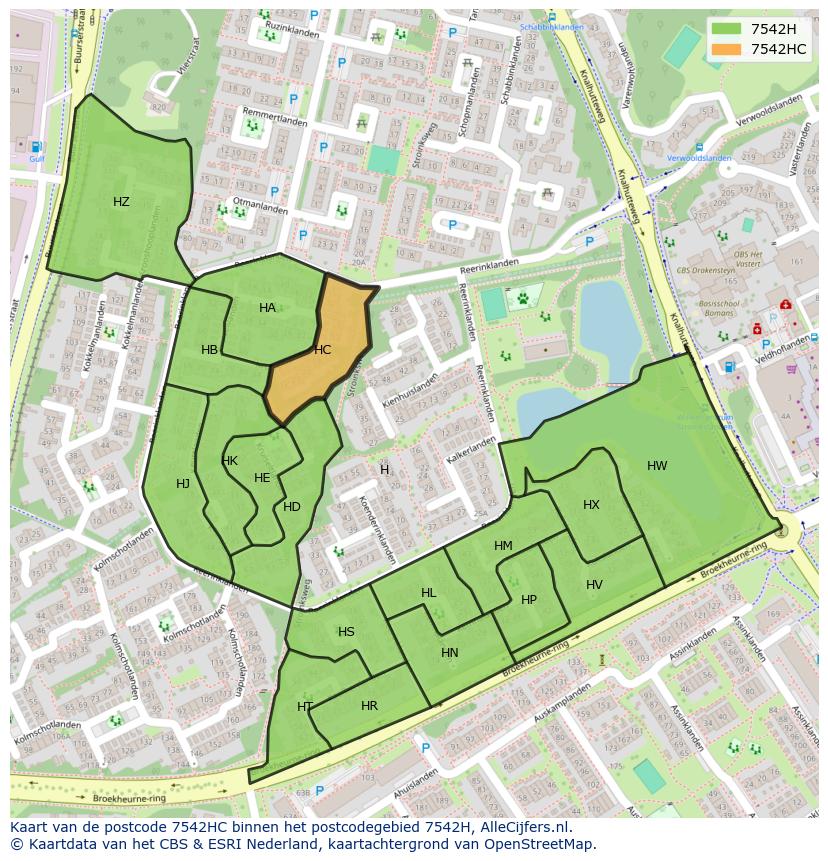 Afbeelding van het postcodegebied 7542 HC op de kaart.