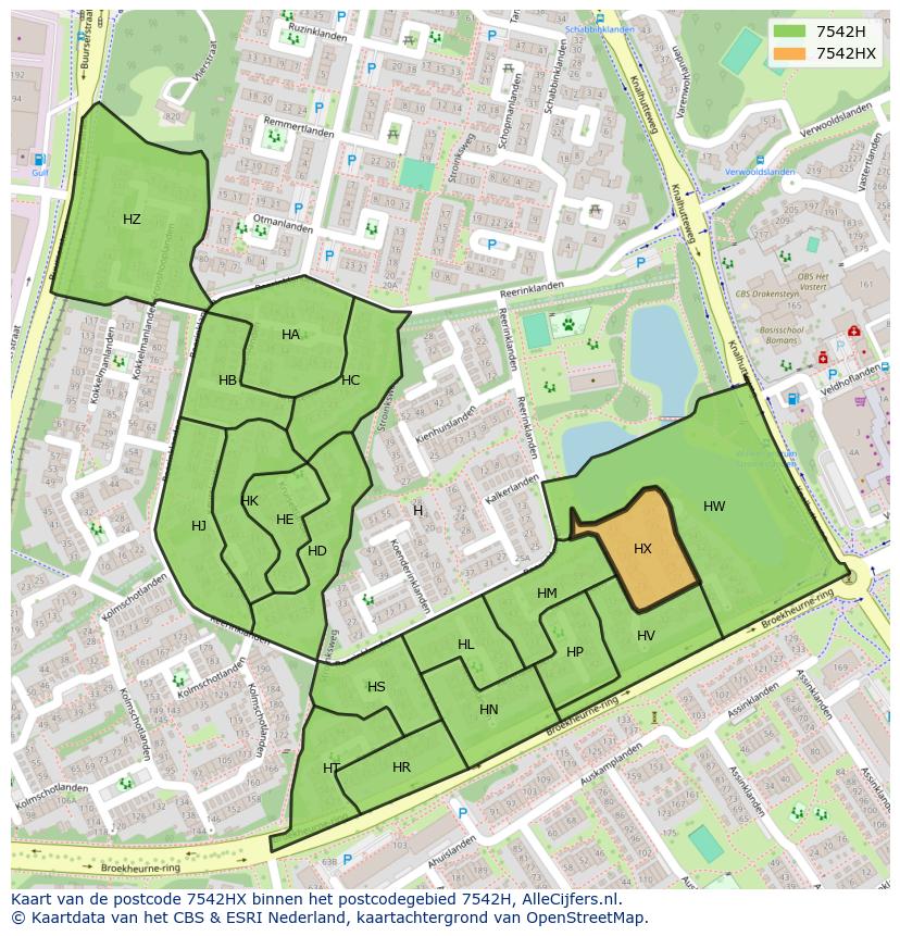 Afbeelding van het postcodegebied 7542 HX op de kaart.