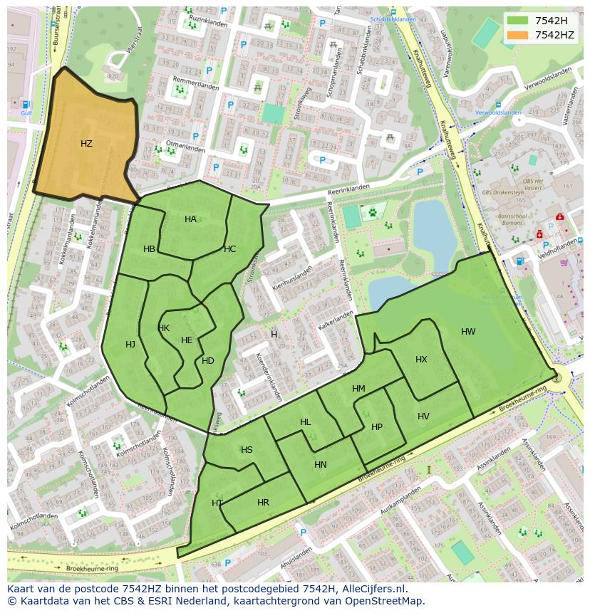 Afbeelding van het postcodegebied 7542 HZ op de kaart.