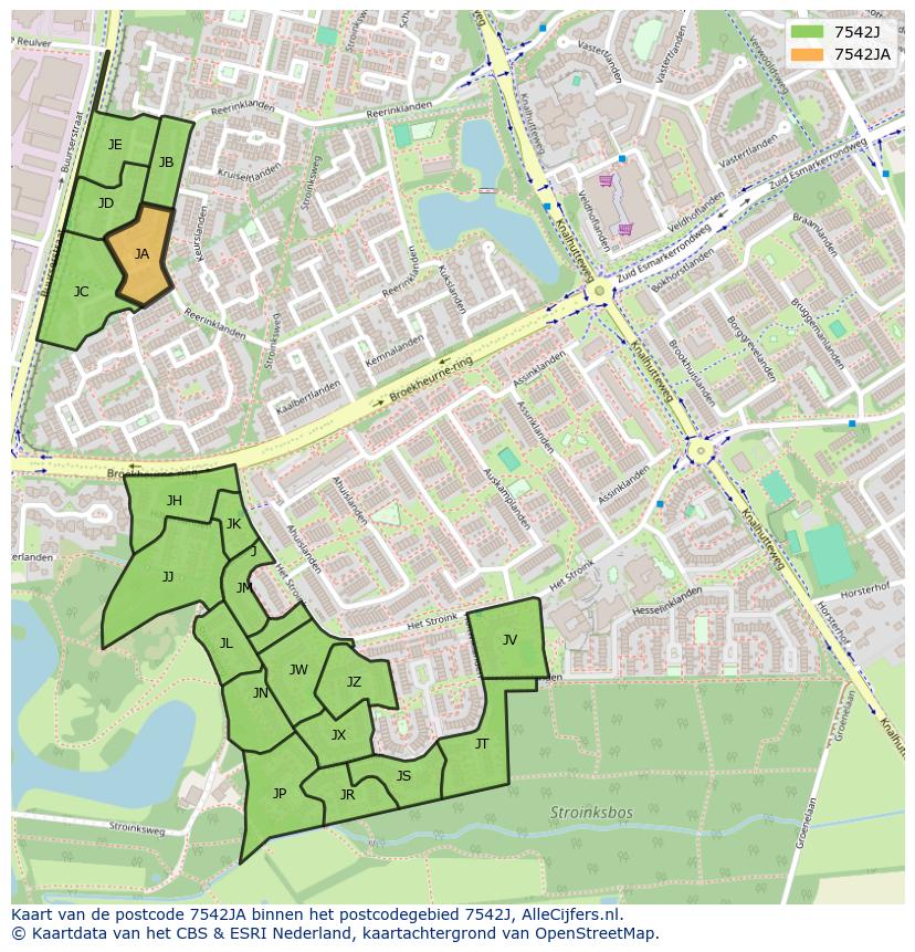 Afbeelding van het postcodegebied 7542 JA op de kaart.