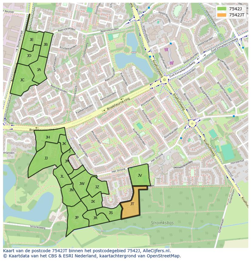 Afbeelding van het postcodegebied 7542 JT op de kaart.