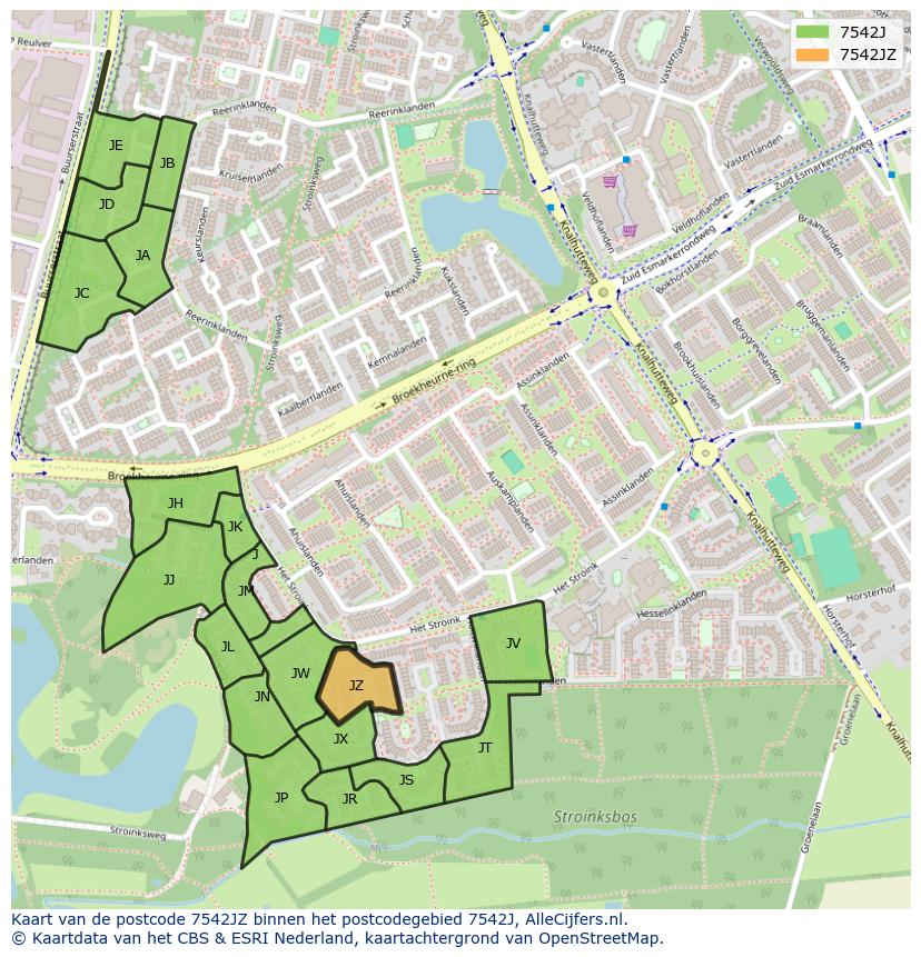Afbeelding van het postcodegebied 7542 JZ op de kaart.
