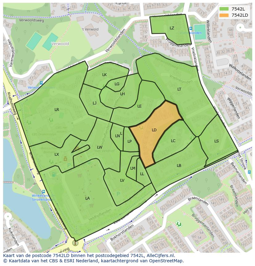 Afbeelding van het postcodegebied 7542 LD op de kaart.