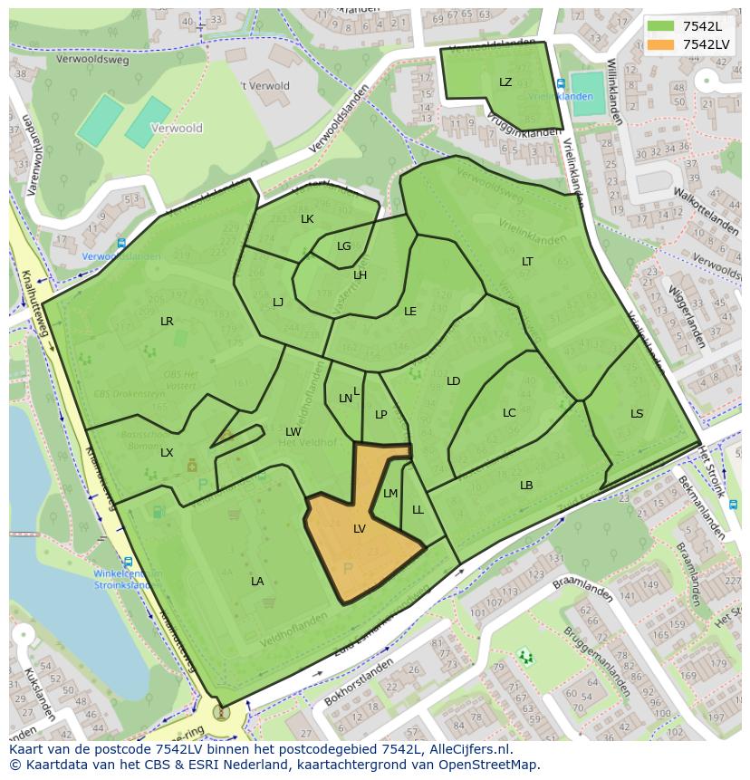 Afbeelding van het postcodegebied 7542 LV op de kaart.