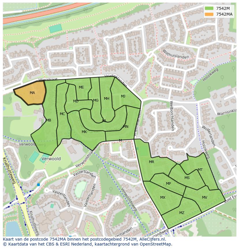 Afbeelding van het postcodegebied 7542 MA op de kaart.