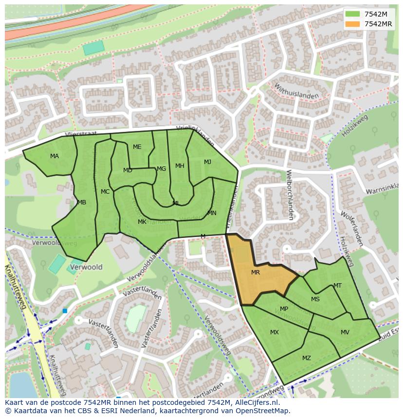 Afbeelding van het postcodegebied 7542 MR op de kaart.