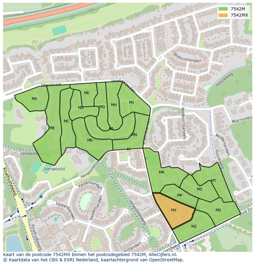 Afbeelding van het postcodegebied 7542 MX op de kaart.