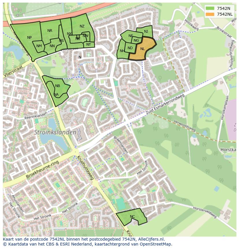 Afbeelding van het postcodegebied 7542 NL op de kaart.