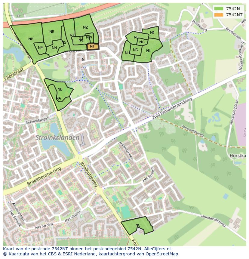 Afbeelding van het postcodegebied 7542 NT op de kaart.