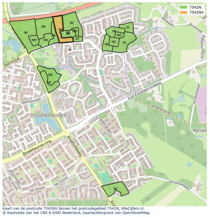 Afbeelding van het postcodegebied 7542 NX op de kaart.