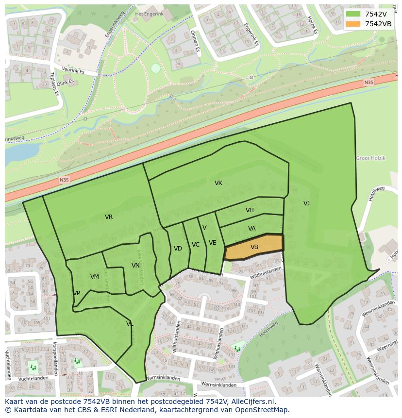 Afbeelding van het postcodegebied 7542 VB op de kaart.