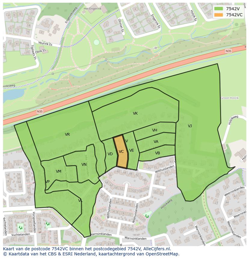 Afbeelding van het postcodegebied 7542 VC op de kaart.