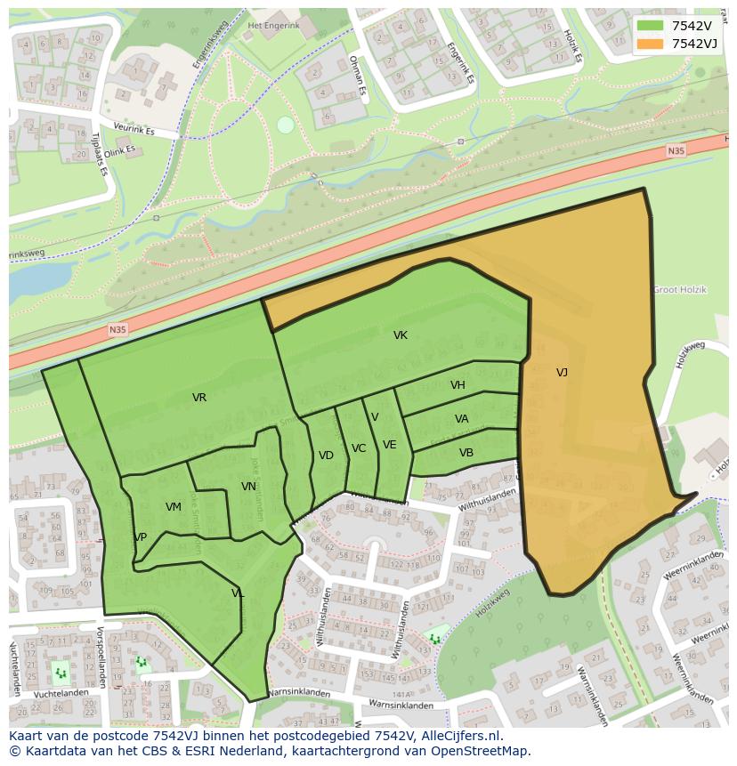 Afbeelding van het postcodegebied 7542 VJ op de kaart.