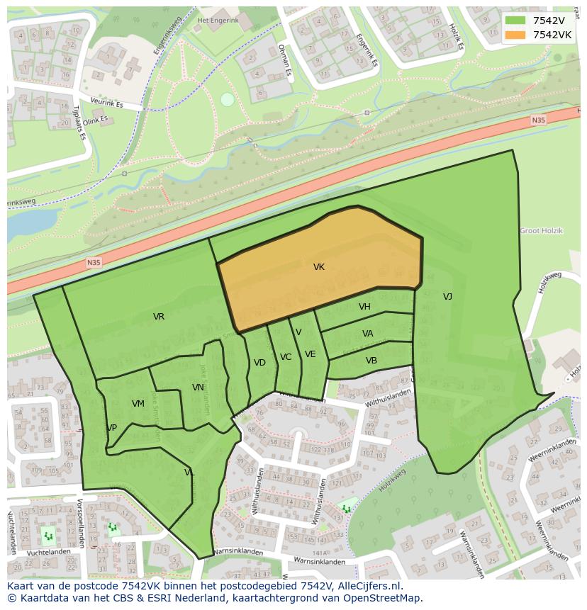 Afbeelding van het postcodegebied 7542 VK op de kaart.