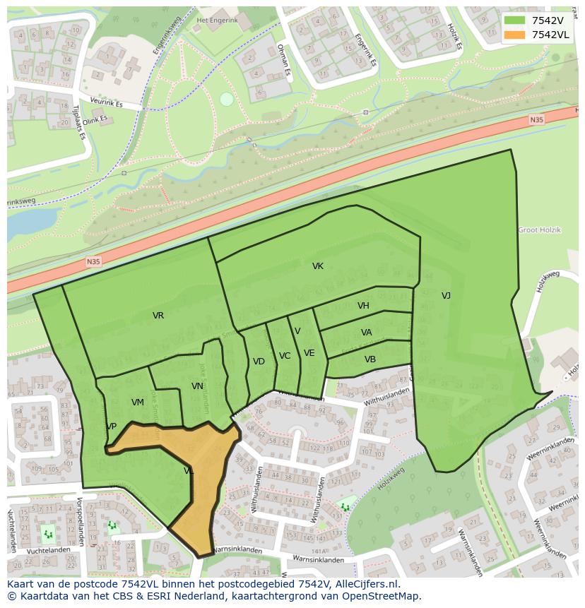 Afbeelding van het postcodegebied 7542 VL op de kaart.