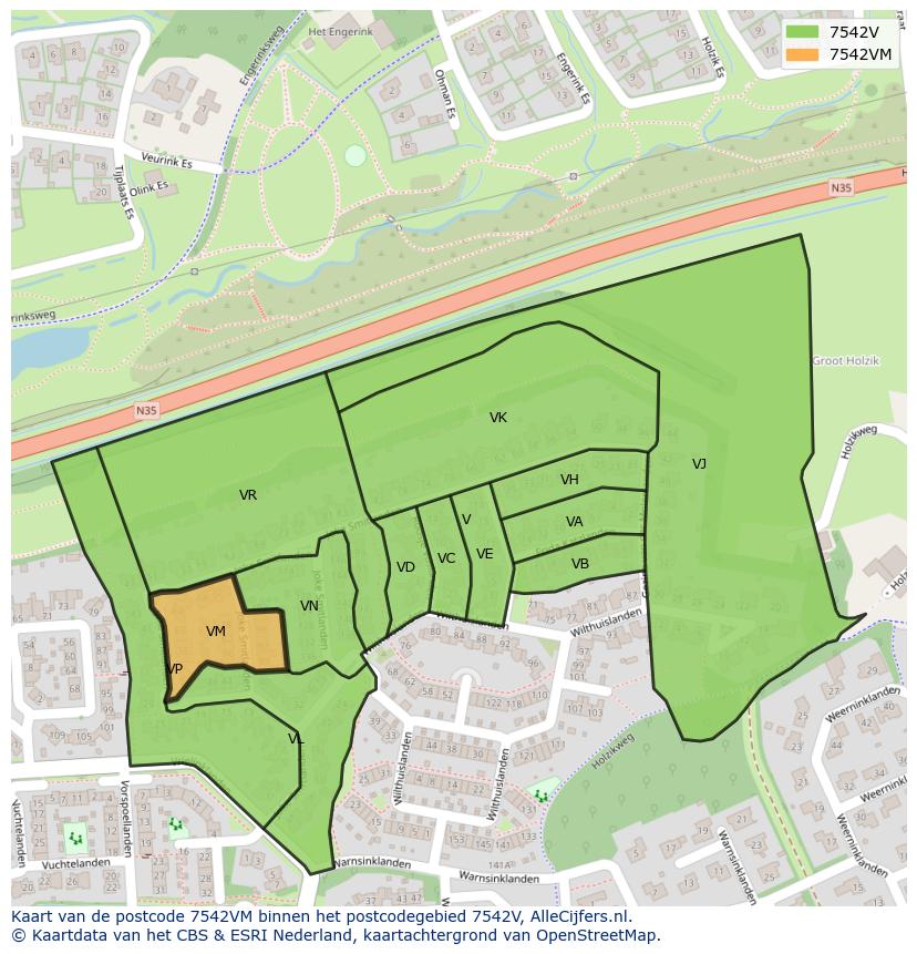 Afbeelding van het postcodegebied 7542 VM op de kaart.