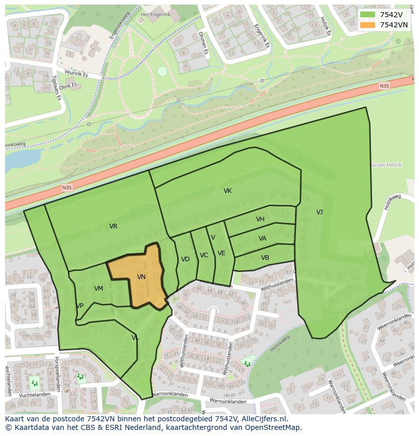 Afbeelding van het postcodegebied 7542 VN op de kaart.