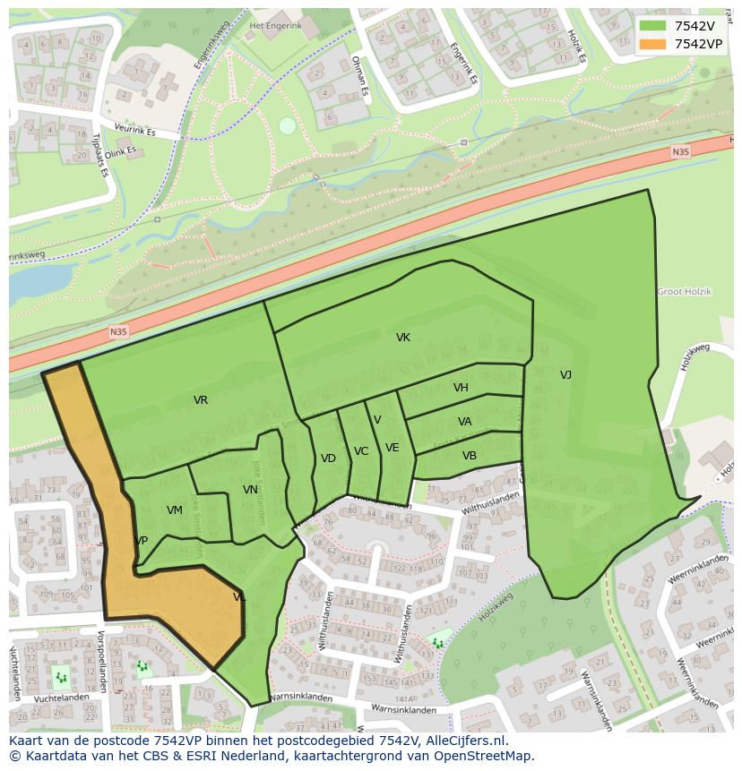 Afbeelding van het postcodegebied 7542 VP op de kaart.