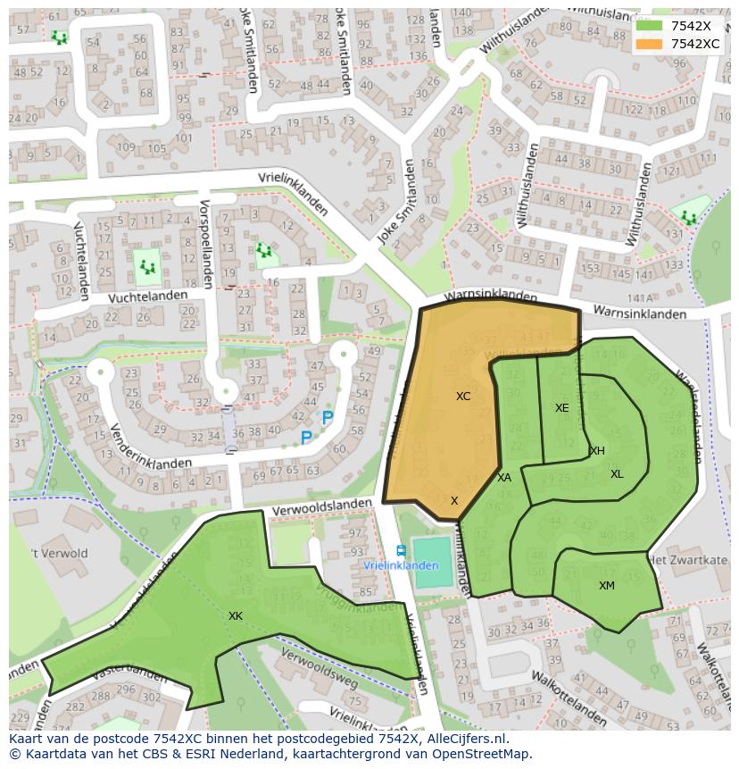 Afbeelding van het postcodegebied 7542 XC op de kaart.