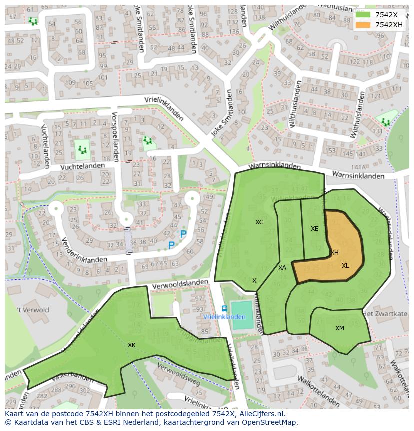 Afbeelding van het postcodegebied 7542 XH op de kaart.