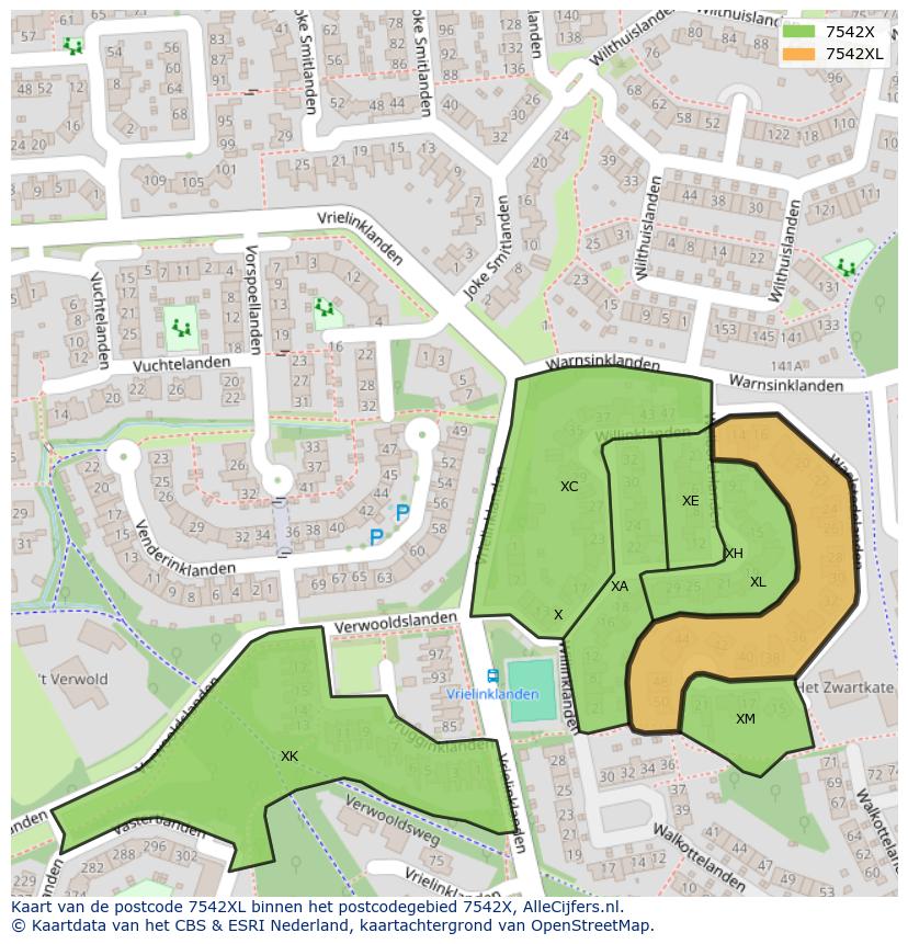 Afbeelding van het postcodegebied 7542 XL op de kaart.