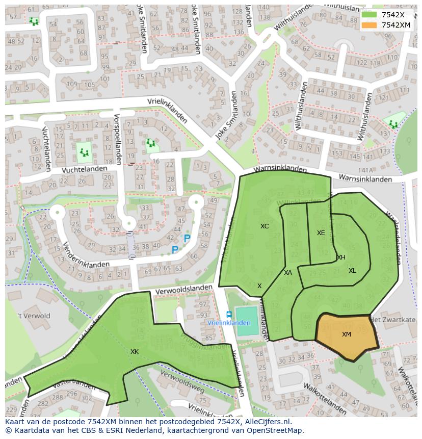 Afbeelding van het postcodegebied 7542 XM op de kaart.