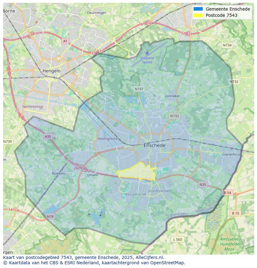 Afbeelding van het postcodegebied 7543 op de kaart.